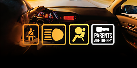 ParentsAreTheKeyFreeResources Parents are the key - free resources. Image from the viewpoint of someone sitting in the backseat, they can see the driver. Four icons are overlayed, one showing a stick figure fastened into a seat, the second icon is a headlight, the third icon is an airbag, and the fourth icon is the "parents are the key" logo